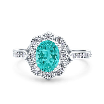 Oval Art Deco Wedding Ring Accent Vintage Simulated Paraiba Tourmaline CZ 925 Sterling Silver
